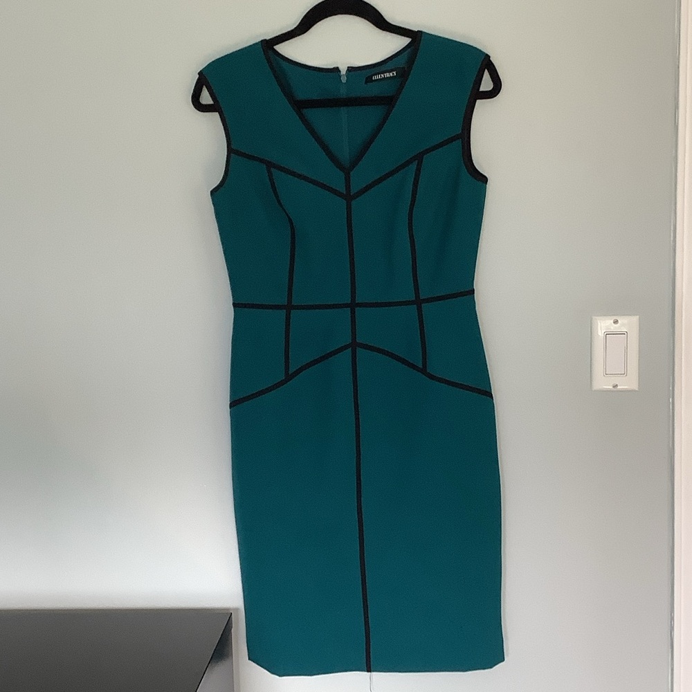Ellen Tracy Teal Midi Sheath Dress with Black Trim